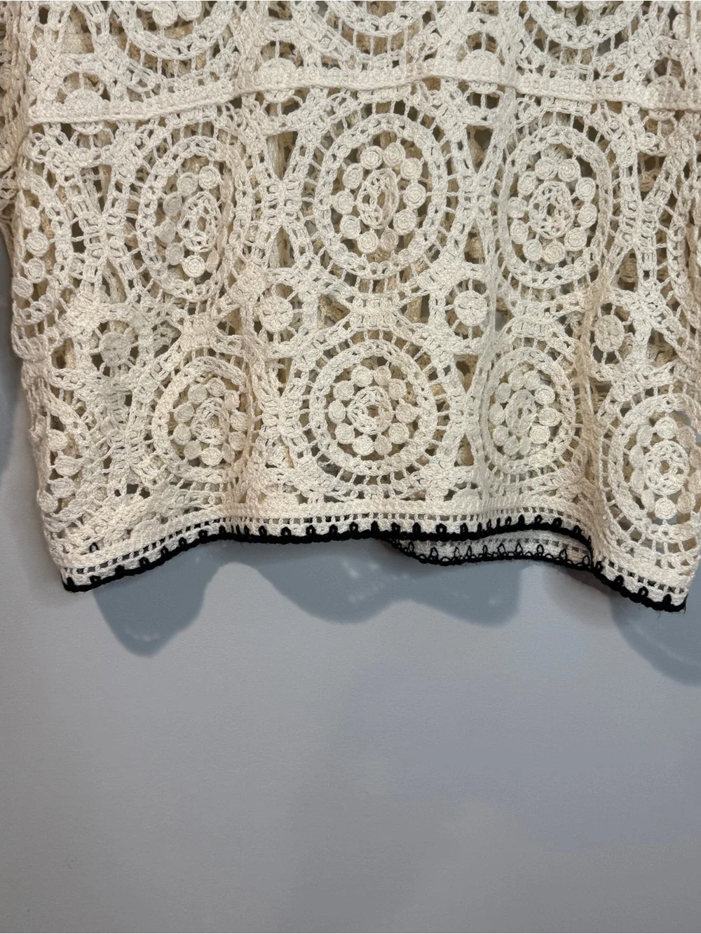 Zara Cream Crochet Lace Long Sleeve Crop Top Black Trim Boho Festival Sheer M